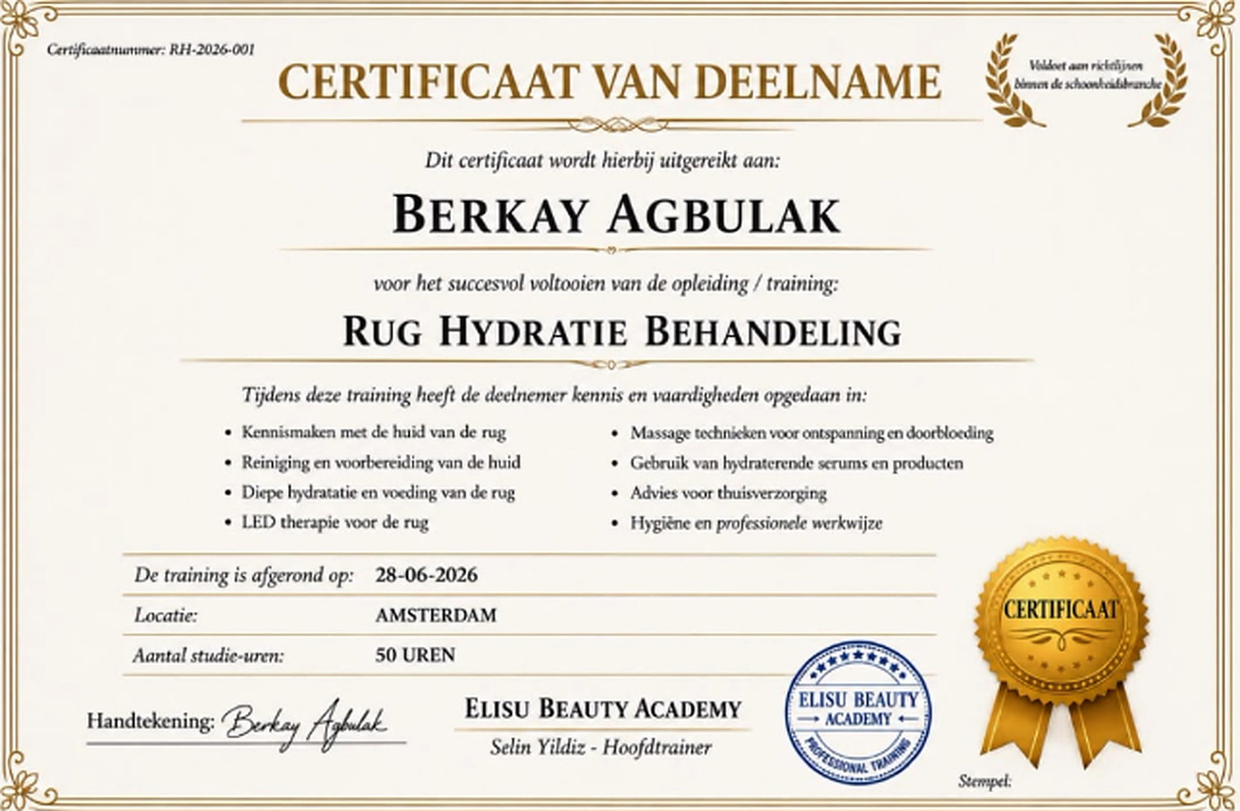 Certificaat rug hydratatie behandeling van Berkay Agbulak